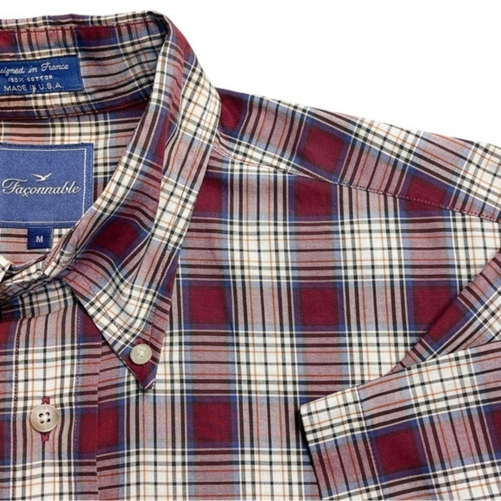 Faconnable Men's check Plaid Cotton Short Sleeve Shirt Medium